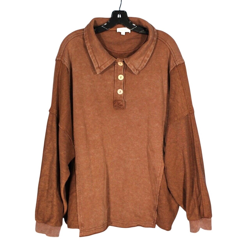ODDI Brown FRENCH TERRY 3-Buttons/Collar RAW HEM Polo Sweatshirt Top 2XL/3XL